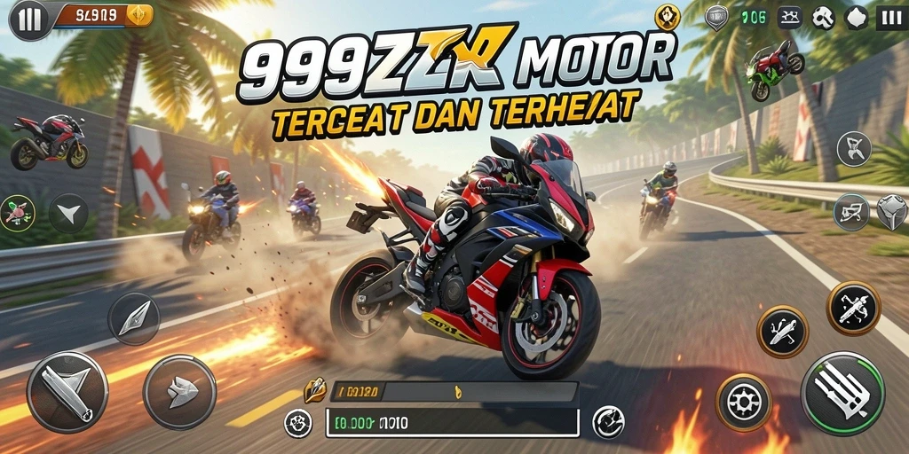 Screenshot gameplay 999ZK menunjukkan aksi balapan motor yang mendebarkan.