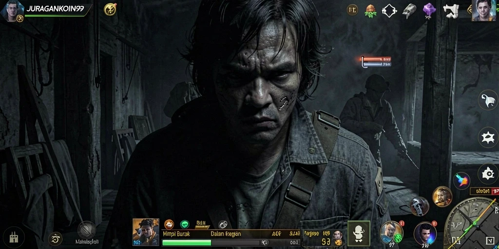 Tampilan gameplay menegangkan di JURAGANKOIN99 dengan suasana horror yang mencekam.