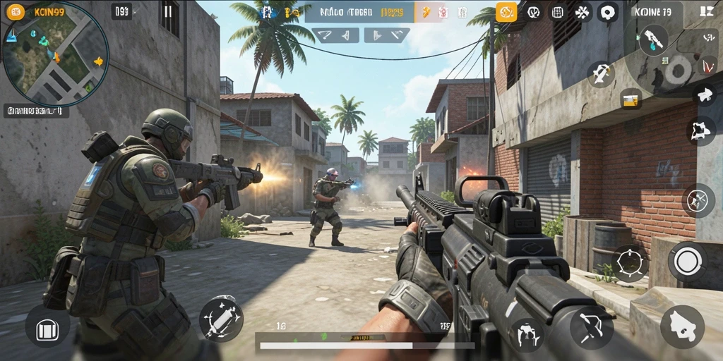 Gameplay seru KOIN99 dengan aksi tembak-tembakan yang intens.