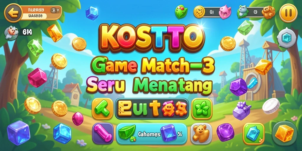 Tangkapan layar KOSTOTO menunjukkan gameplay Match-3 yang dinamis dan penuh warna.