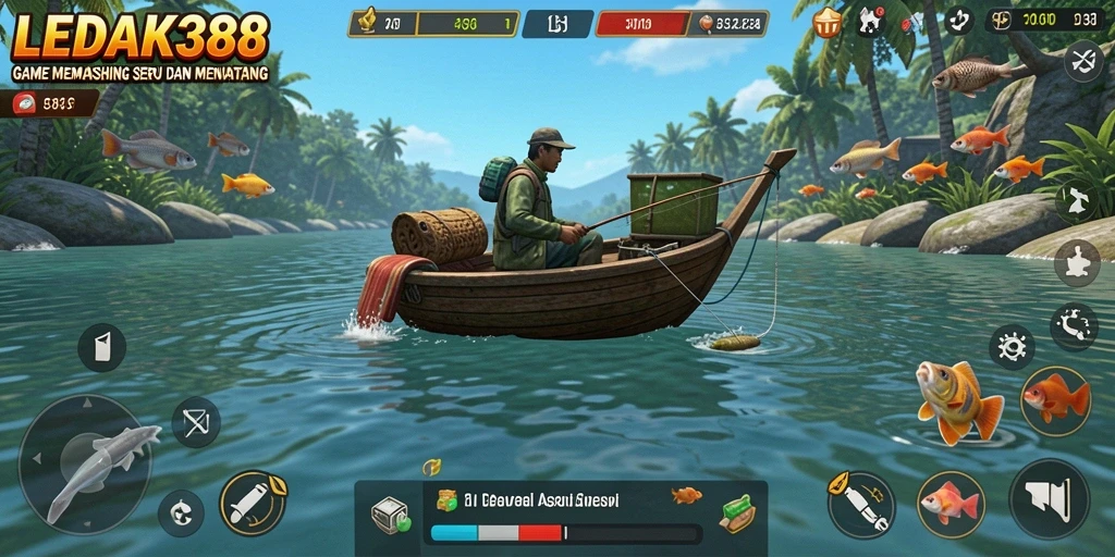 Tampilan gameplay <strong>LEDAK388</strong> saat memancing dengan alat pancing dan berbagai jenis ikan.