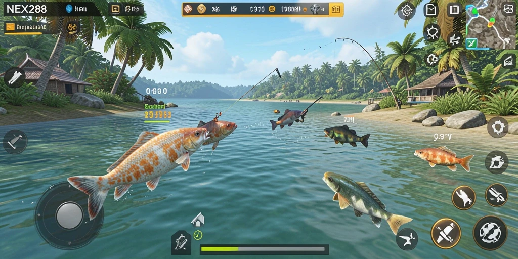 Gameplay seru saat memancing di NEX288 dengan berbagai jenis ikan.