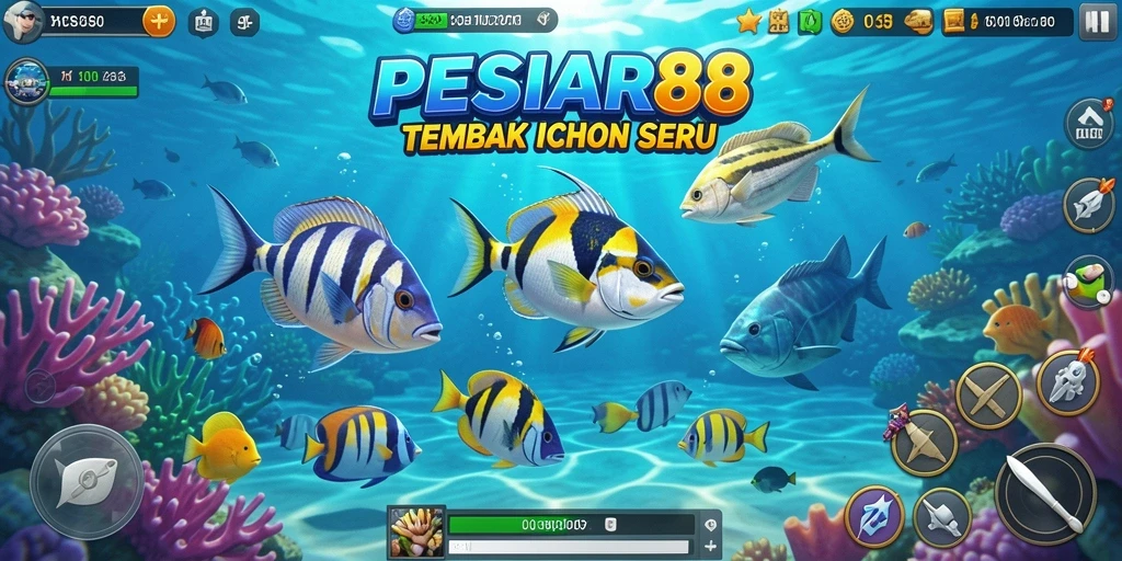 Screenshot gameplay PESIAR88 menunjukkan petualangan menembak ikan yang seru.
