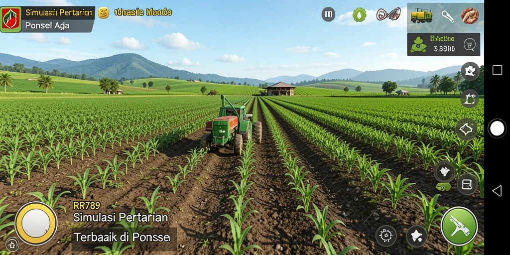 Screenshot gameplay RR789 yang menunjukkan kebun yang subur dan hewan ternak.