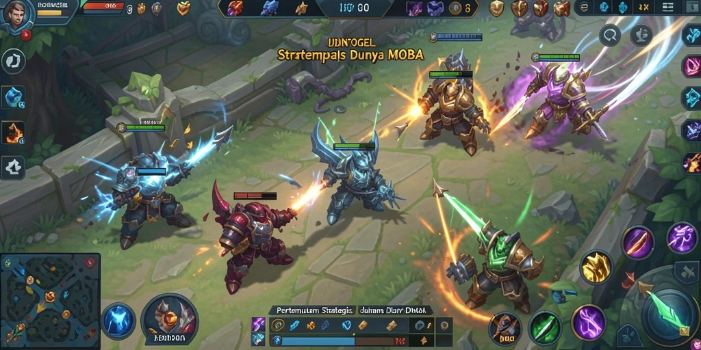 Screenshot gameplay UDINTOGEL menampilkan aksi pertempuran yang menegangkan di arena MOBA.